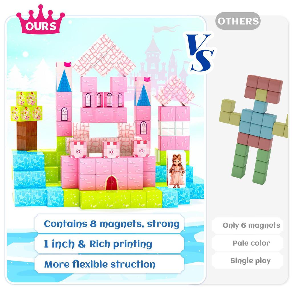 Pink Princess Castle Magnetic Cube Building Blocks - STEM Educational Toy Set