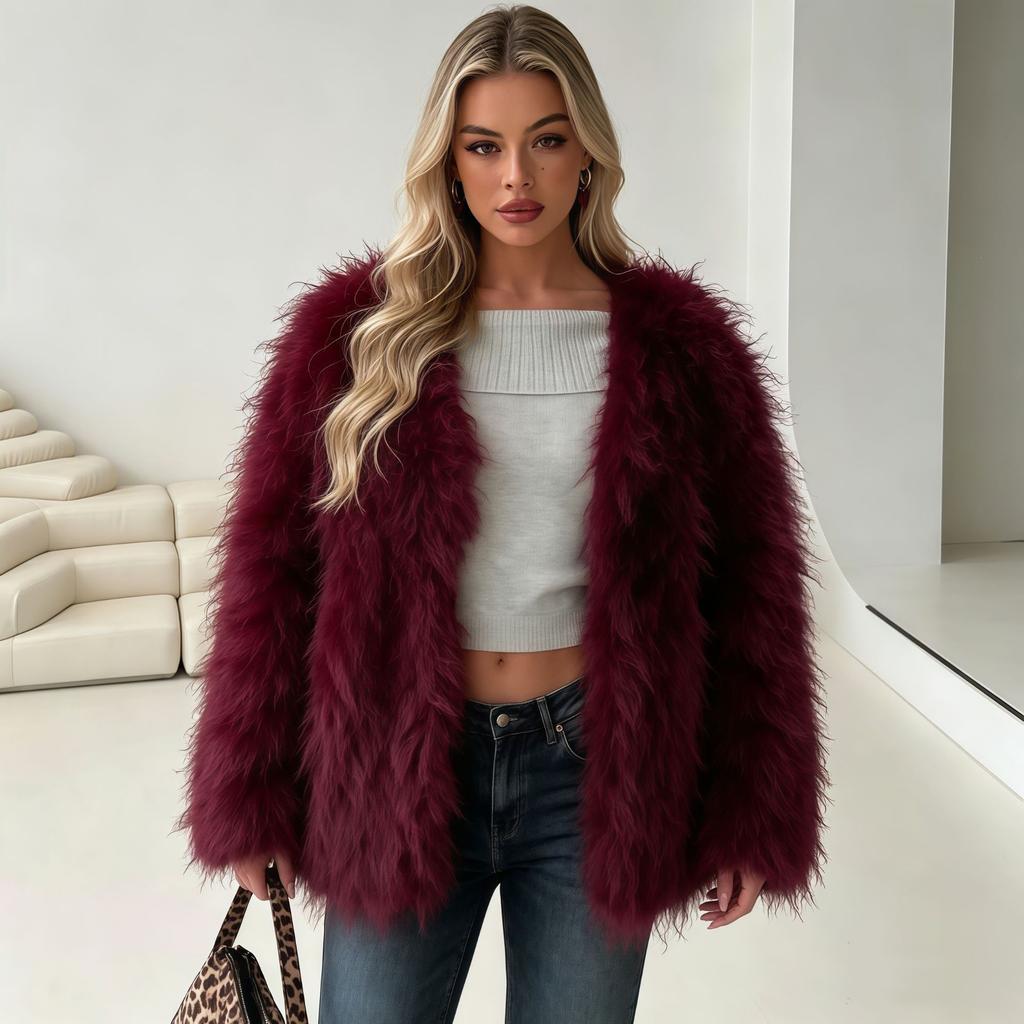 Autumn and winter thickened long-haired beach sheep hair imitation fur jacket women's loose round neck fur coat women's clothing