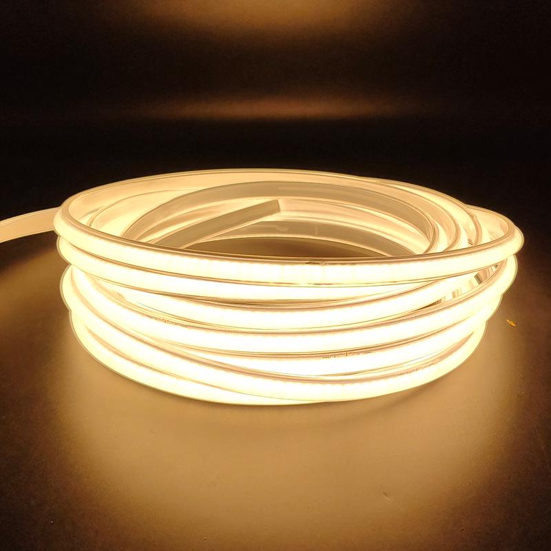 220V LED FCOB Strip - 240 LEDs, High Brightness, Even Illumination, 10cm Cuttable, Self-Adhesive.
