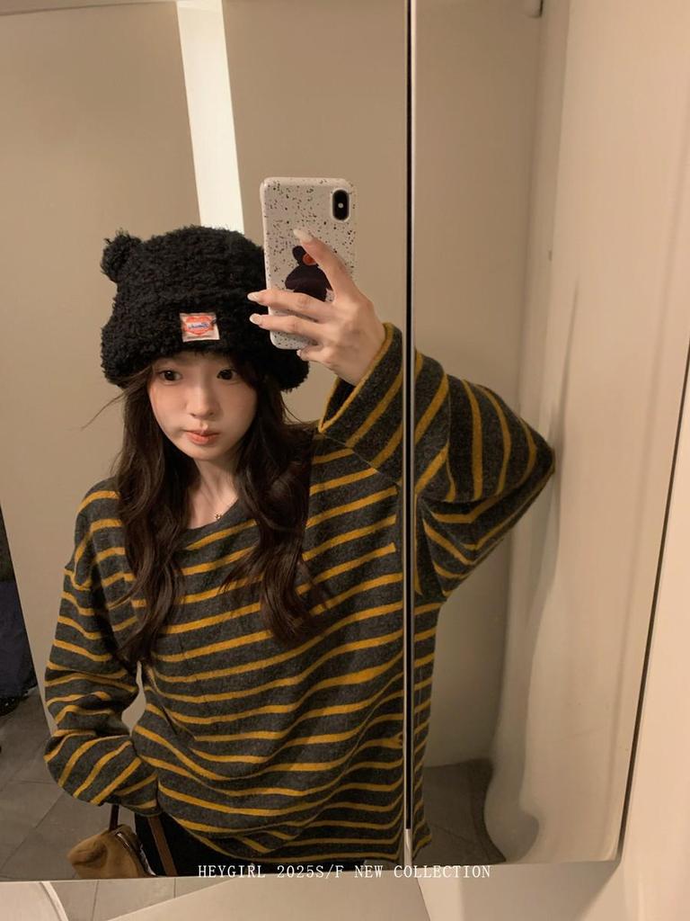 HEYGIRL Black Lazy Stripe 3.0 Korean Style Women's Autumn Loose Casual T-shirt