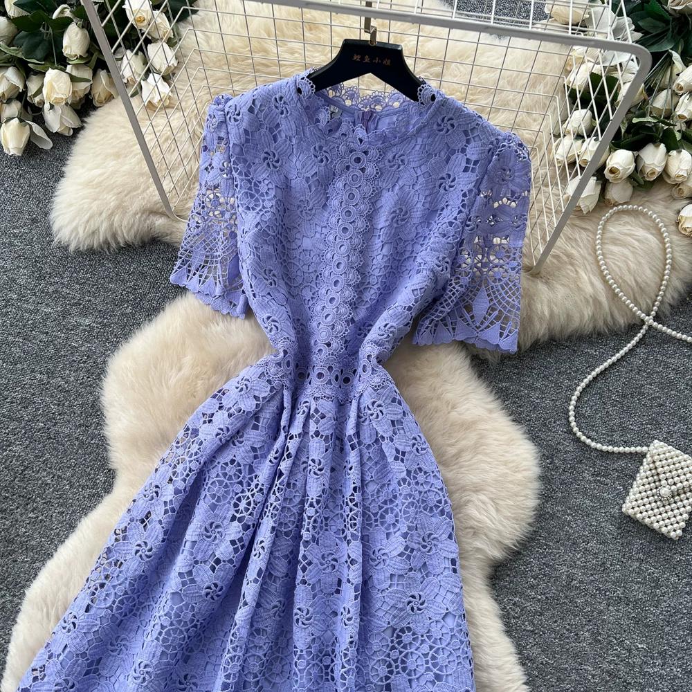 Abito Midi Elegante da Donna con Ricami in Pizzo, Manica Corta, Vita Alta, Linea ad A, Estivo, Casual, da Festa, per Matrimonio, da Vacanza, da Spiaggia