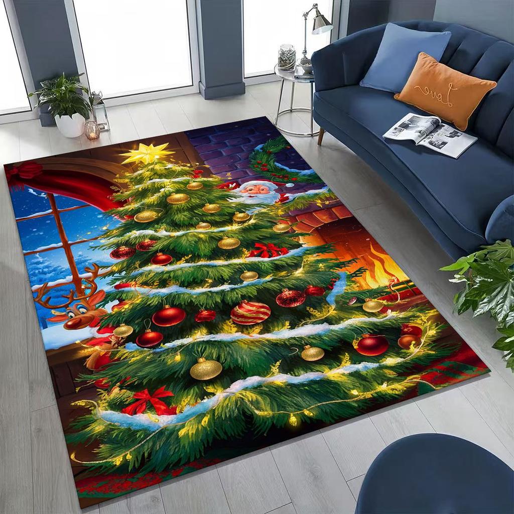 2026 New Merry Christmas Tree Santa Claus New Year Cartoon Carpet Rug for Bedroom Living Room Sofa Home Doormat Decor,Non-slip