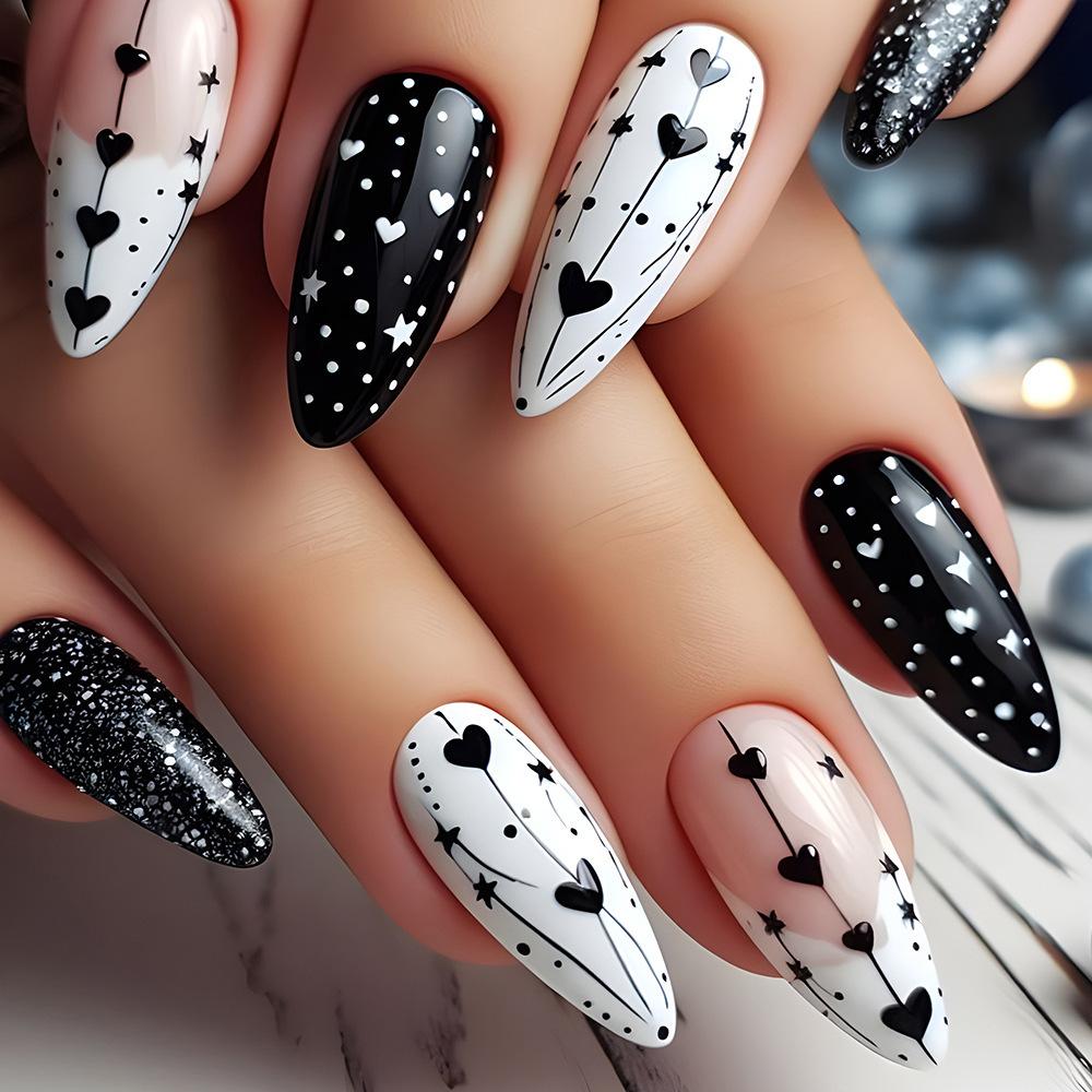 24pcs/set short Medium fake nails square ballet almond nail tips pink beautiful heart for Valentine's Day press on false nails