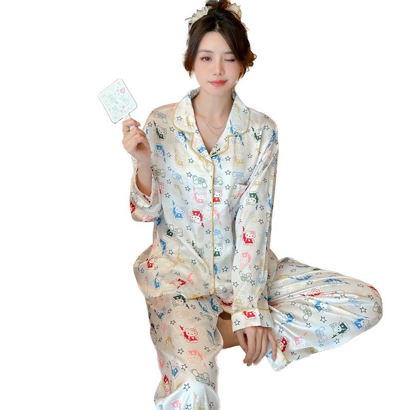 Autumn Dopamine Full Print Ice Silk Pajamas Women'S Spring And Summer Long-Sleeved Trousers Cartoon Loungewear Can Be Worn Outside