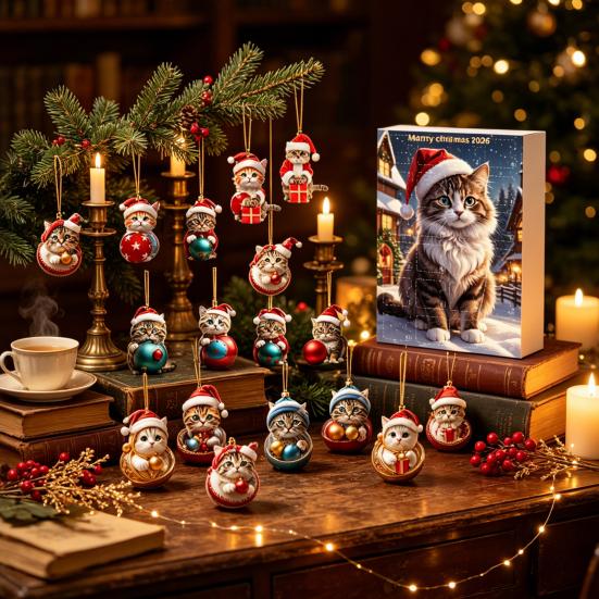 Collectible Cat Figures Advent Calendar, 24 Days Christmas Countdown Cute 2D Kitten Holiday Gift Box Ornaments for Party Tree Decor, Gifts Lovers