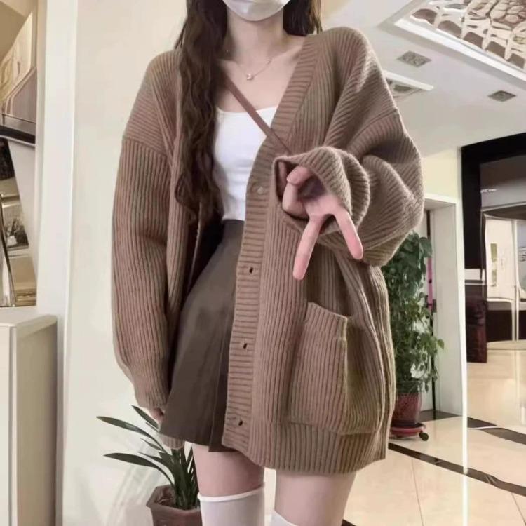 New Korean Cardigans for Women Loose Fit V Neck Knit Sweater Fashion Tops Coat Lazy Wind Knitwear
