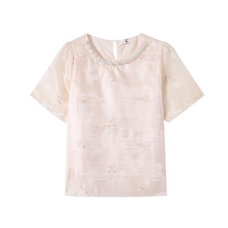 Large-size Women s Jacquard Embroidered Summer New Style Gentle Breeze Short-sleeved T-shirt Top 2XL