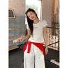 Korean White Polka Dot Round Neck Front Shoulder Short-sleeved T-shirt Women's Korean Fashion Small Slim-fitting Short Top