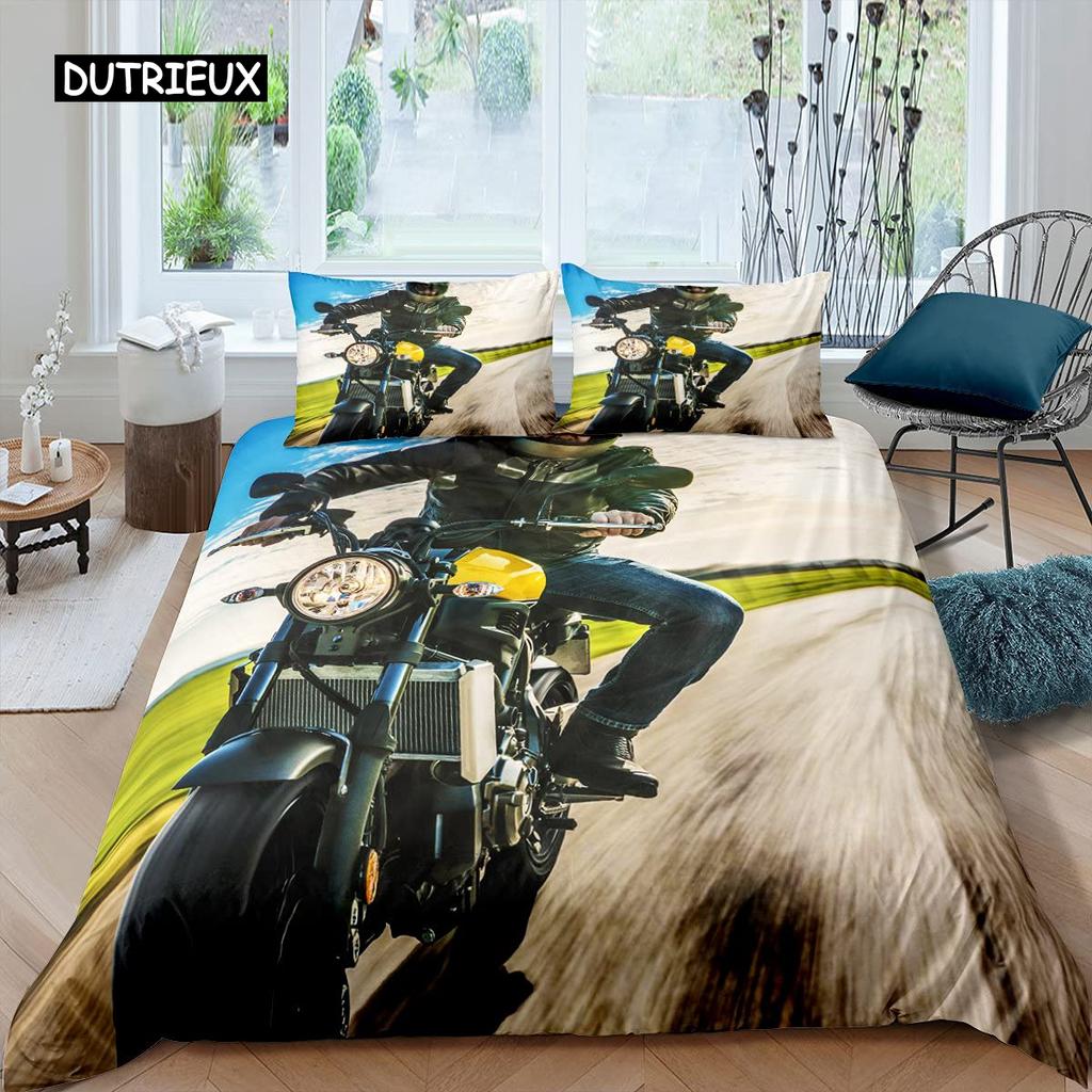 3D Motocross Rider Duvet Cover Set Microfiber Red Black Dirt Bike Extreme Sports Theme Motorcycle Pattern Bedding Set King Size