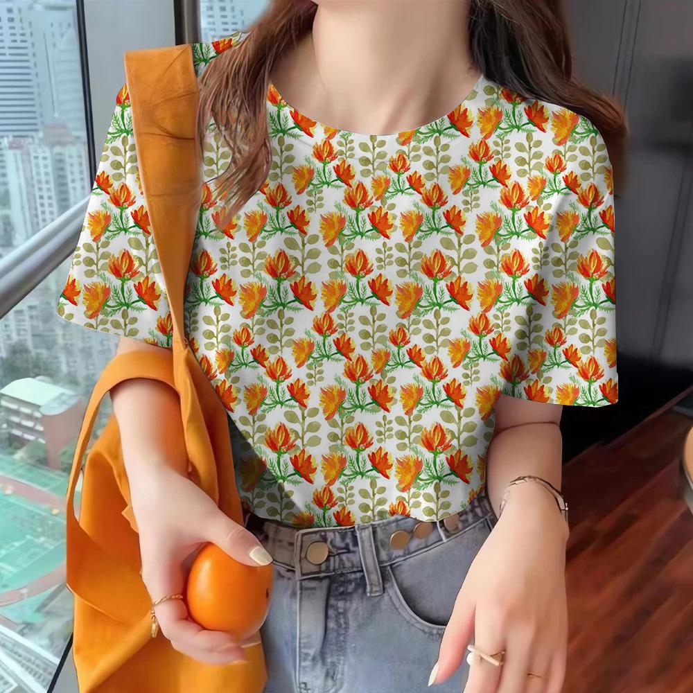 Women's Short Sleeved T-shirt, Round Neck Clothing, Casual Top, Printed Half Sleeved T-shirt, Women's Loose and Elegant T-shirt