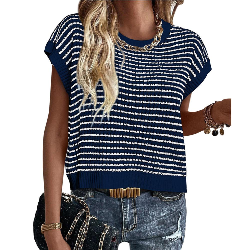 Summer and Autumn Round Neck Knitted Top Casual Striped Contrasting Women's Sweaters