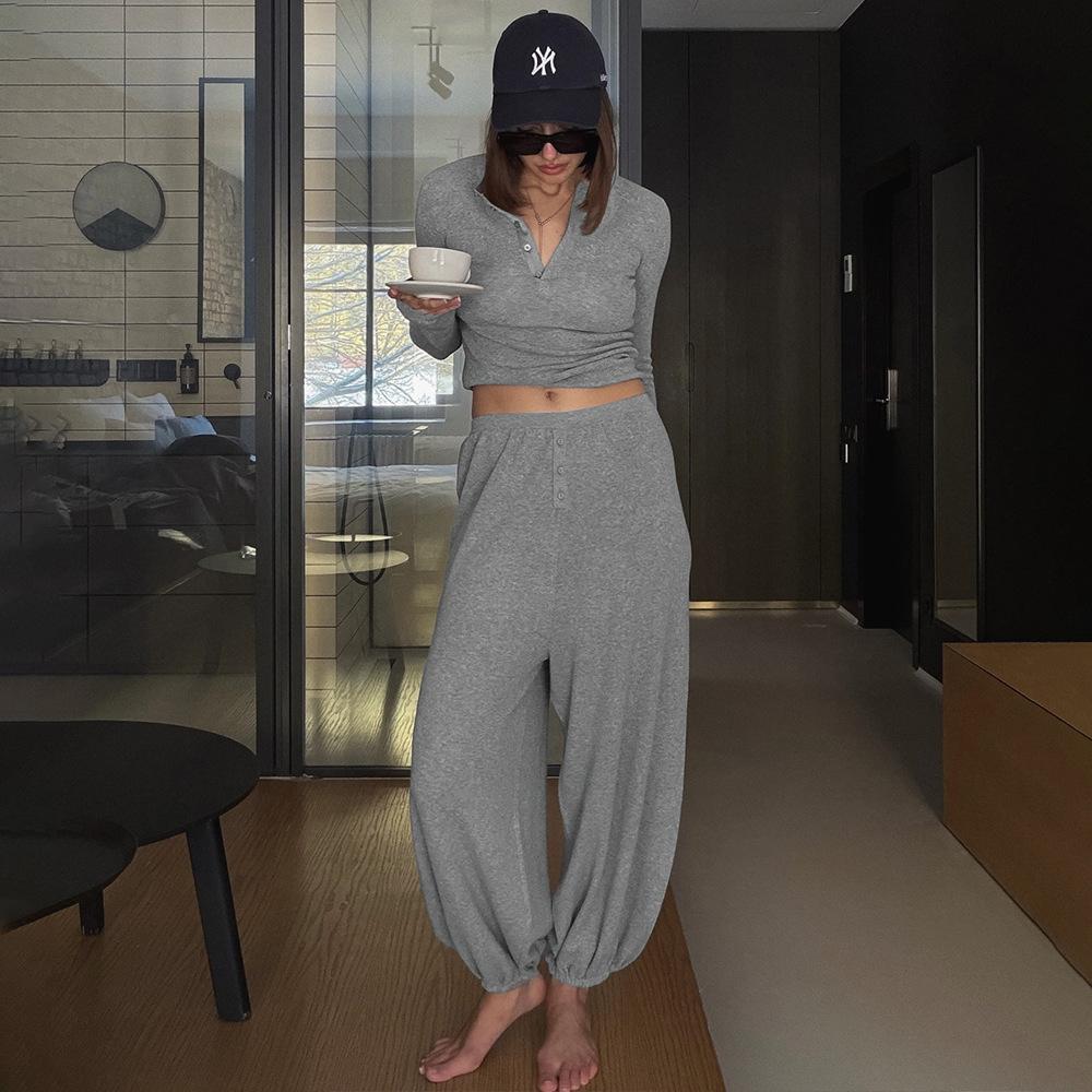 Lazy Style Two Piece Set 2026 Spring Summer Henley Neck Crop Top Jogger Pants Tracksuit for Women