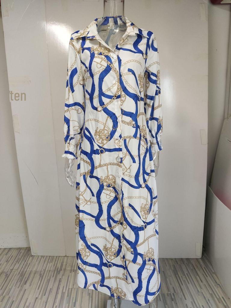 2023 Frühling Damen bedrucktes einreihiges Hemdblusenkleid mit Schlitz