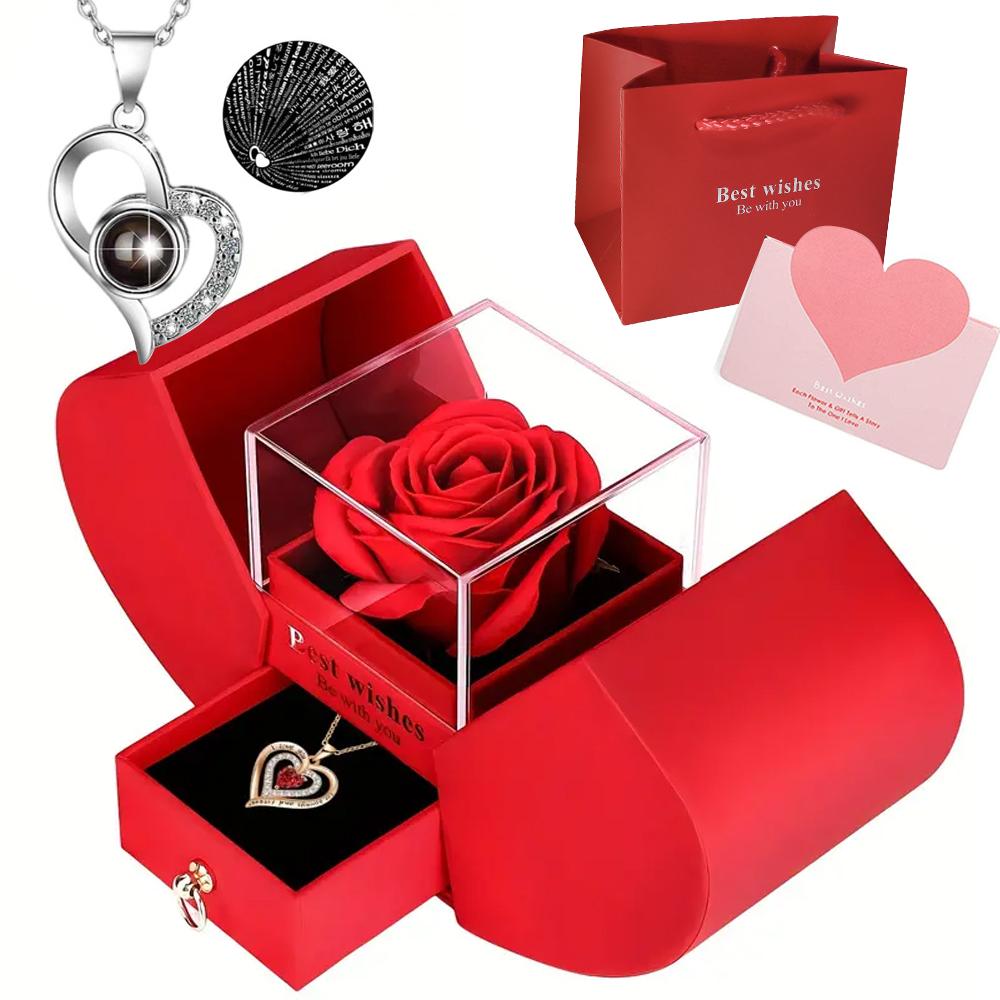 1Set Charming Love Heart Pendant Necklace with Rose Gift Box - Perfect for Valentine's Day, Birthdays, Mother's Day Party Favors