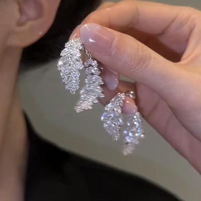 Exquisite High-End Zircon Wheat Leaf Earrings, S925 Silver, Versatile Studs
