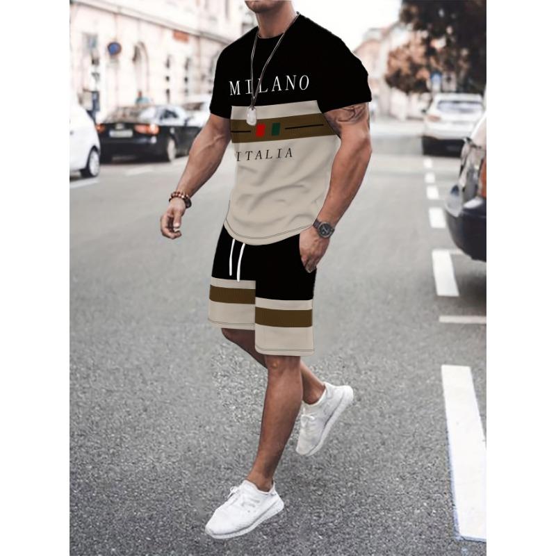 Men's 3D Printed T-shirt and Drawstring Shorts, Letter Printed Set Suitable for Casual and Outdoor Sports