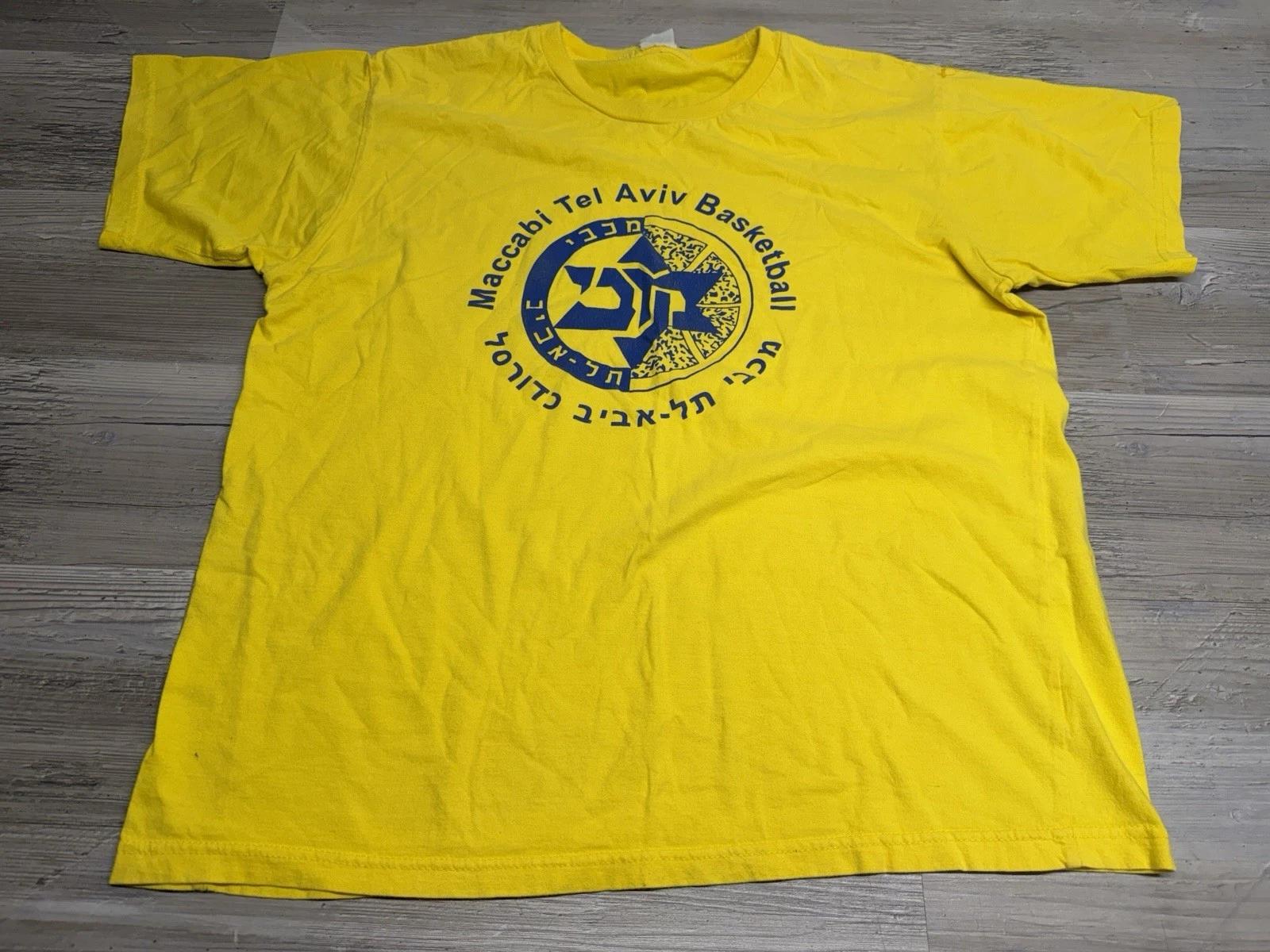 

Vintage Jewish Basketball T-Shirt Maccabi Tel Aviv Y2K Graphic Tee Yellow Sz XL M