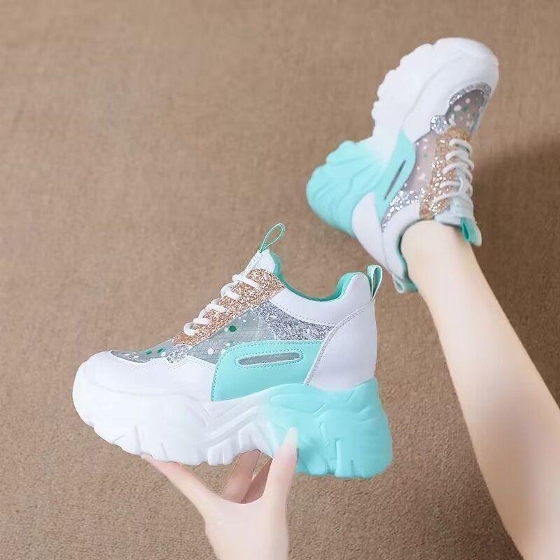 Fashion Glam Sporty Best - Selling White & Mint Green Chunky Dad Sneakers, Glitter & Mesh Detail, Ideal for Daily & Party