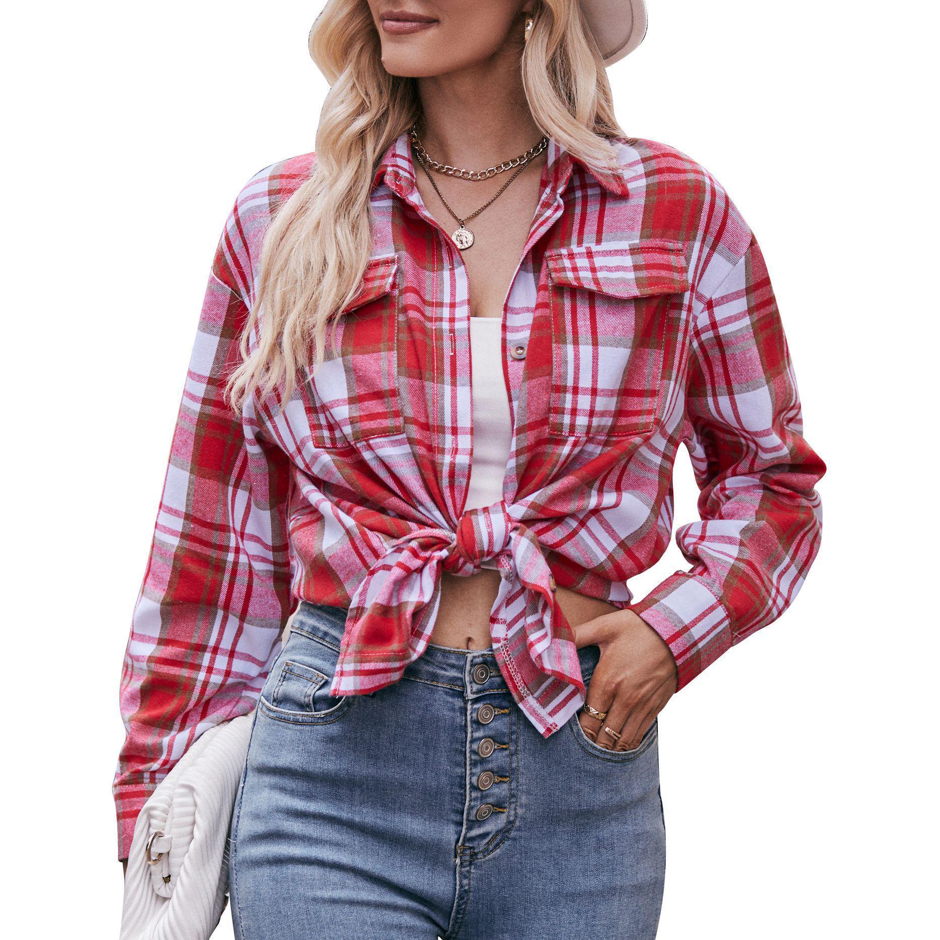 2023 Women s Autumn/Winter Casual Oversize Plaid Shirt S