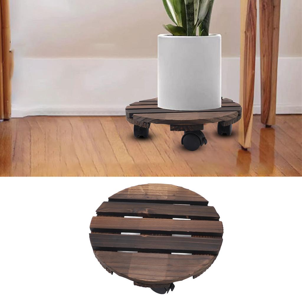 Wooden Plant Stand, 360 Degree Rotation Round Stand with Wheels for Indoor and Outdoor   Flower Pots, Plant Cart with Rollers for Courtyard