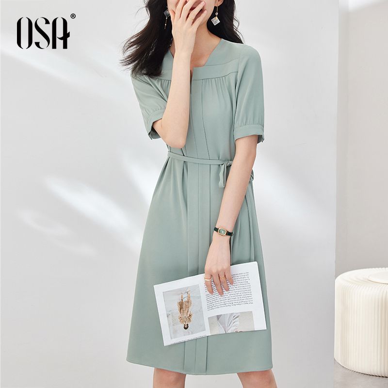 

OSA Waist-Tight Slimming Retro Shirt Short Sleeve Dress Greyish green XS