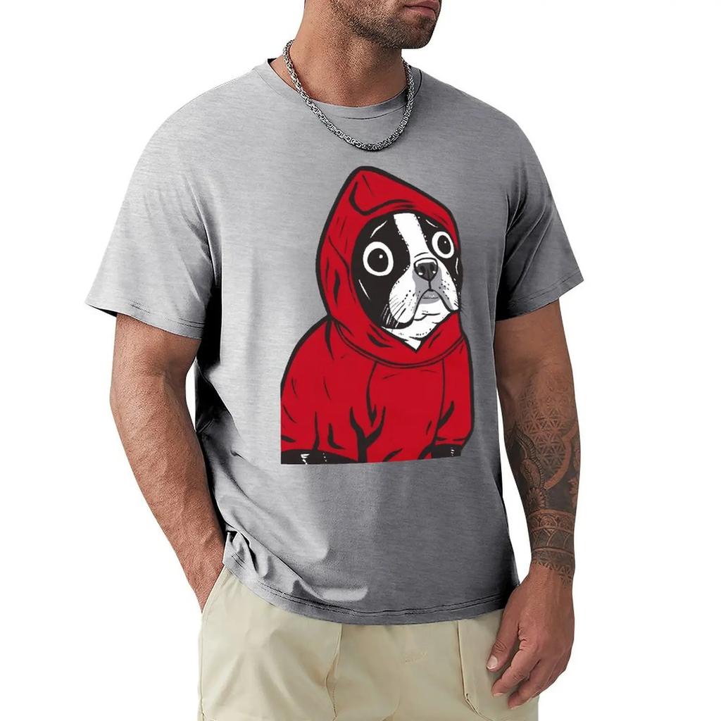 Funny Boston Terrier In A Red Hoodie French Bulldog T-Shirt Men O Neck Pure Cotton T Shirts Funny Dogs Tees Clothing