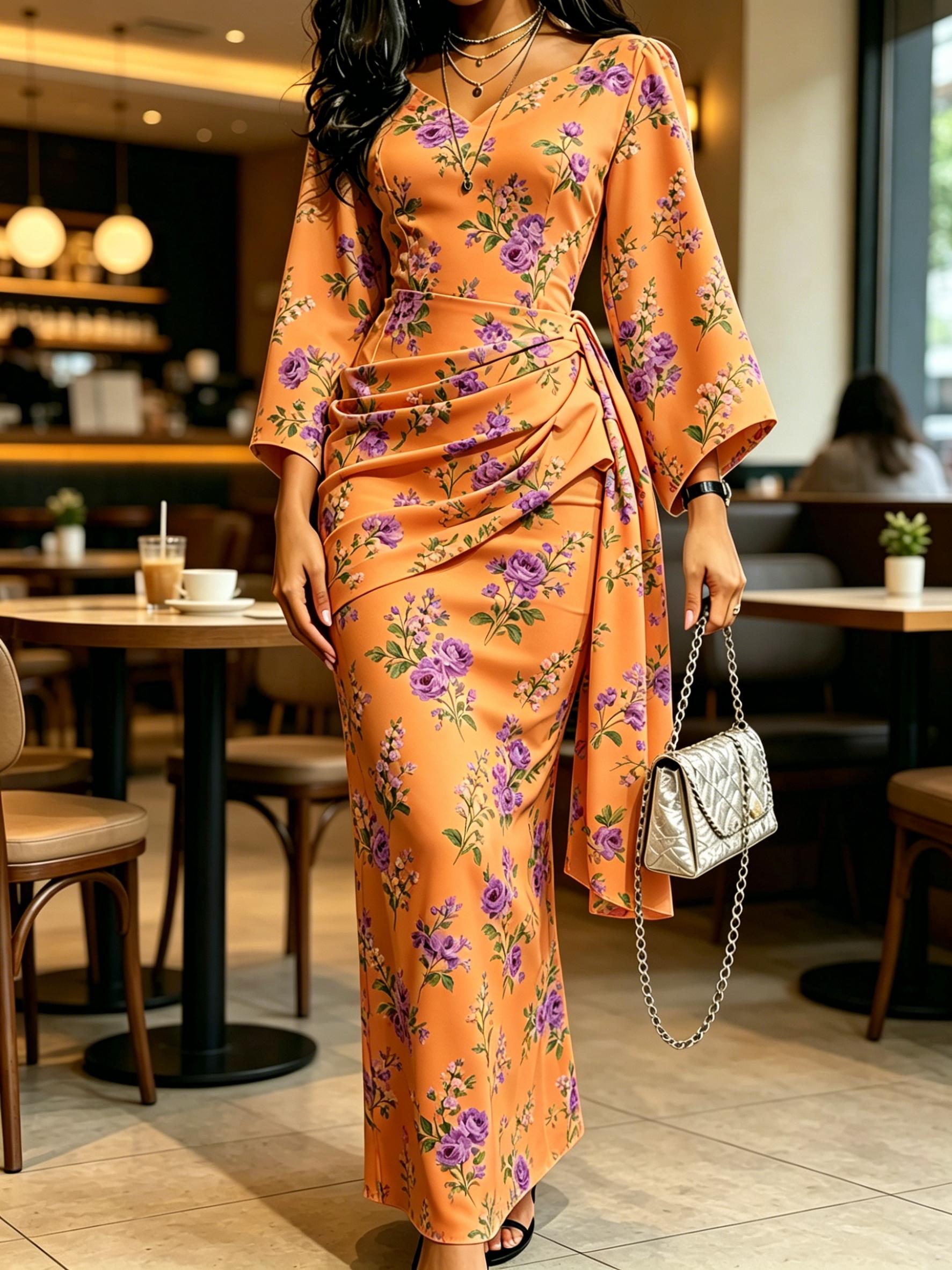 Ladies Romantic Rose Floral Print Bodycon Maxi Dress Orange Kimono Sleeve V Neck High Waist Ruched Long Dress XS