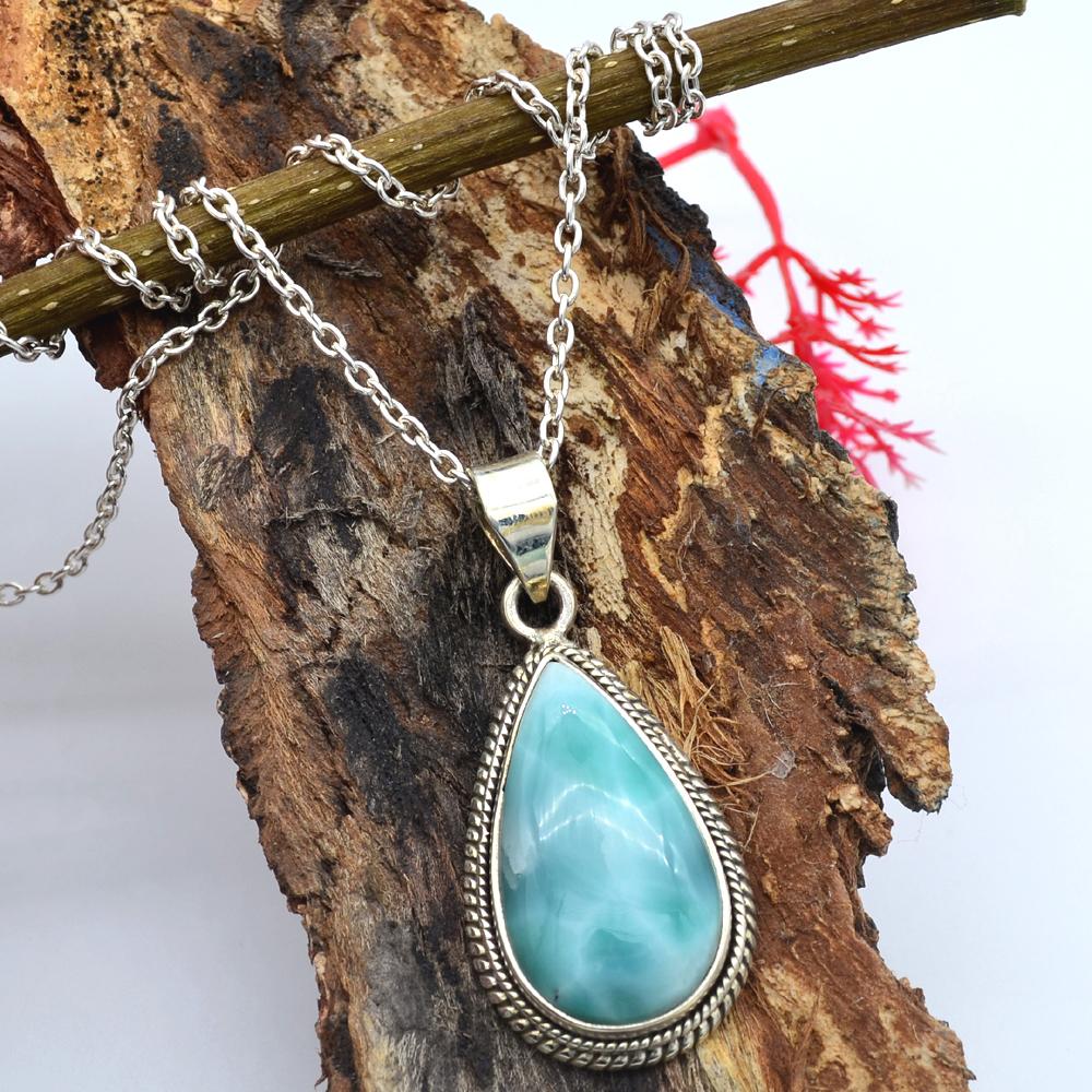 Handmade Larimar Gemstone Solid Pendant Necklace 925 Sterling Silver Women Jeweley