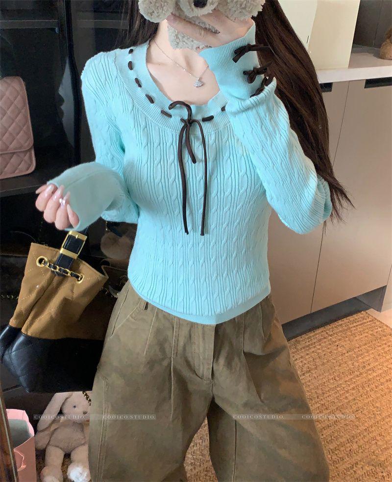 Korean Academy Bow Tie Lace-up Long Sleeve Knitwear: Women's Slimming Base Layer Sweater for 2025 Autumn/Winter
