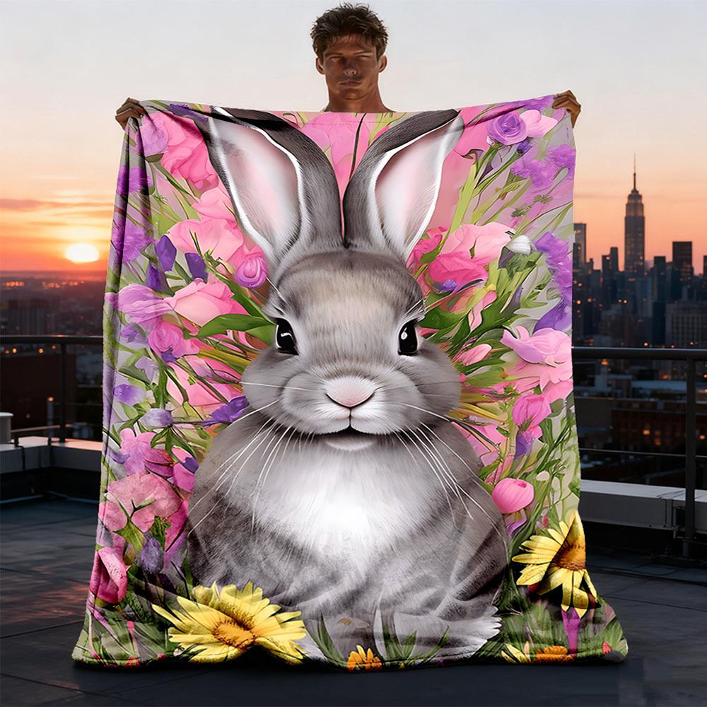 1pc Bunny Flowers Outdoor Blanket - Soft Flannel Cozy for Travel & Camping - All-Season Warm Bed Cover, Machine Washable yy251229080