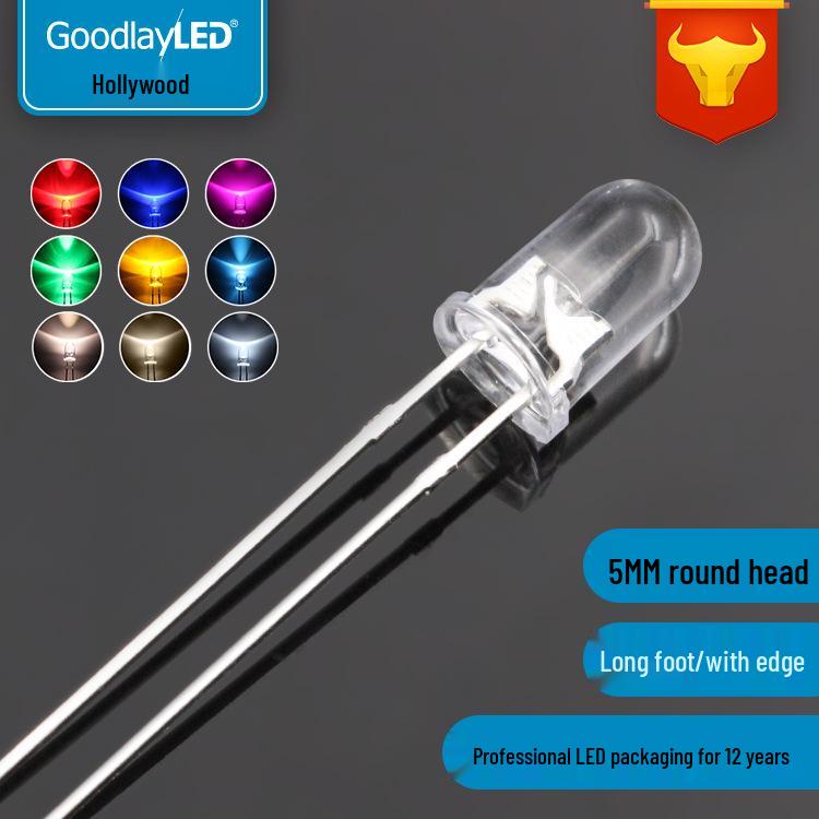 

5mm Round F5 LED Lamp Beads with Flange & Long Legs - White, Red, Blue, Green, Yellow White to Red
