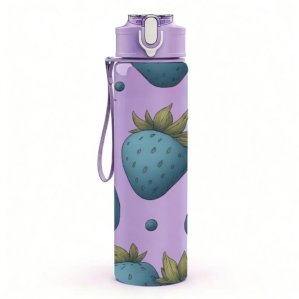 1PC Repeating Blue Strawberry Grid 750ml Color Plastic Sports Water Bottle Leakproof Flip Straw Lid For Sports Office Home Use