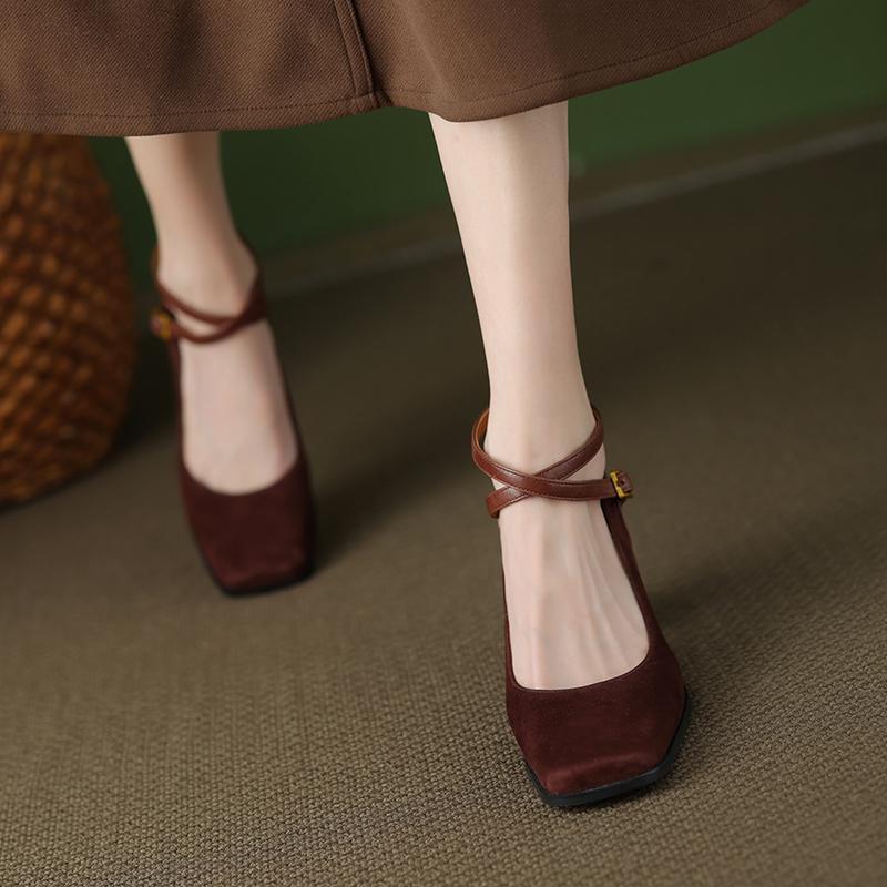2025 new thick heel Mary Jane women's shoes French new celebrity style high heels cross strap light mouth single shoes