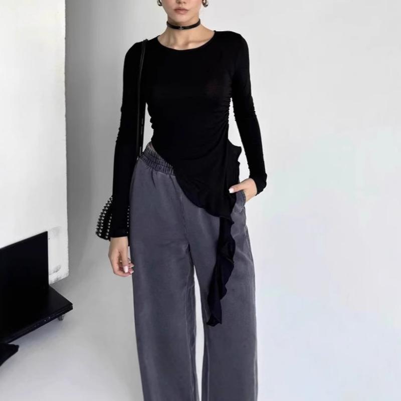 European and American Autumn Fashion Splicing Design Irregular Lotus Leaf Lace Ribbon Top