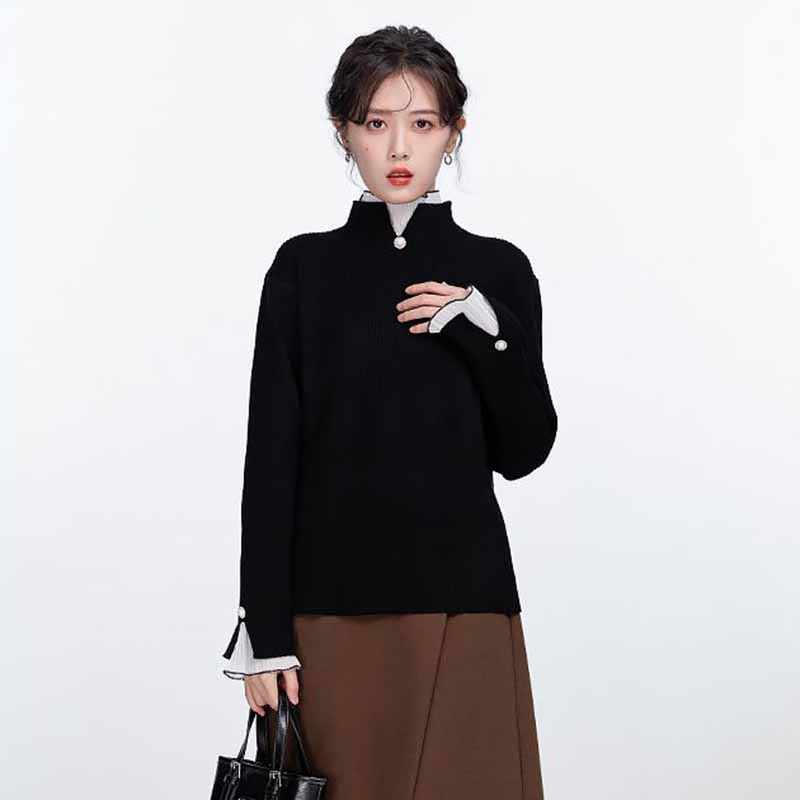 

Черный полувысокий воротник кружевной воротничок свитер женский свободный низ вязаный топ осень и зима L чёрный