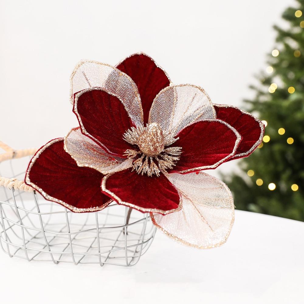 Samttextur Künstliche Weihnachtsblume Funkelnde Realistische Kunst-Magnolienblüte Dreischichtiges DIY-Bastelobjekt