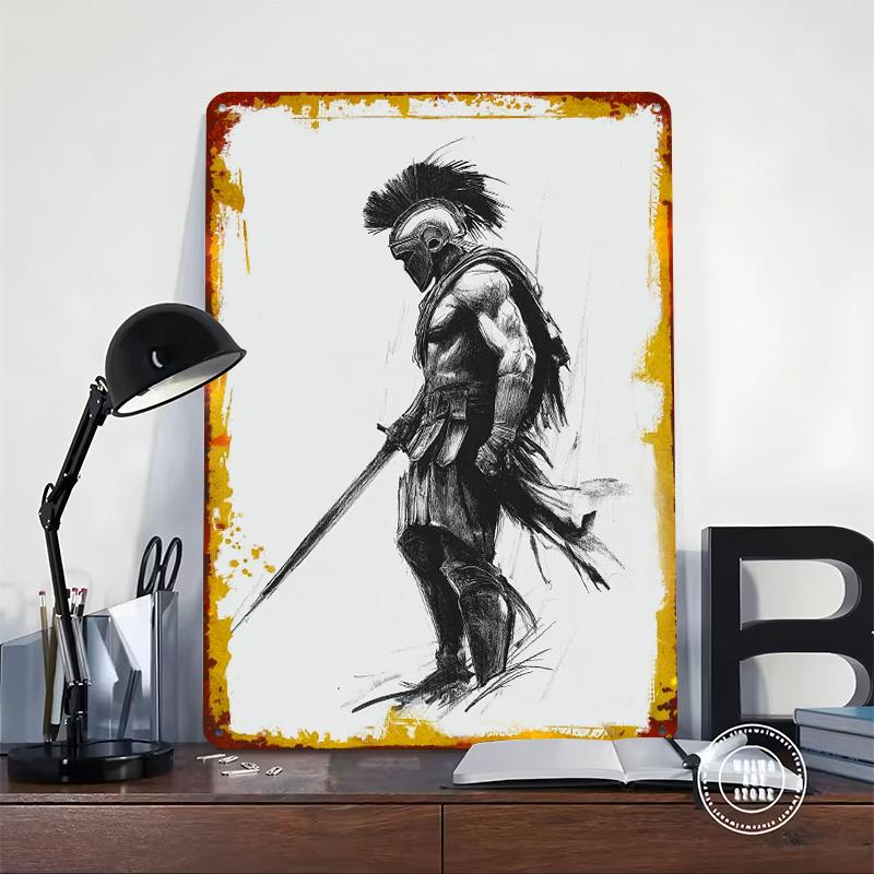 Spartanischer Krieger Bleistiftskizze Gedrucktes Poster Benutzerdefinierte Wandkunst Retro Vintage Metallblechschilder für Man Cave Heimdekorationen