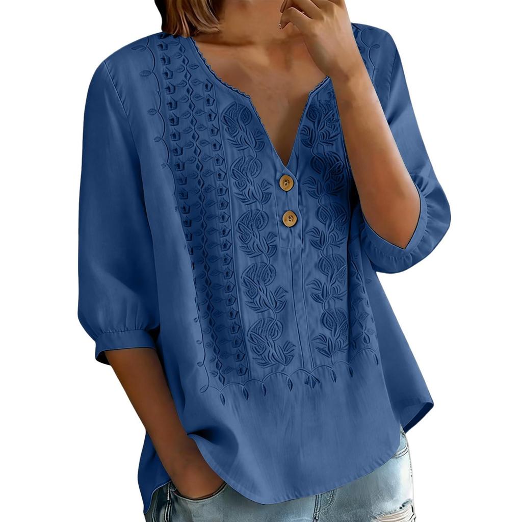 Damen V-Ausschnitt Dreiviertelarm Bestickte Knopfleistenbluse mit Blumenmuster Lockerer Schnitt Lässiges Oberteil