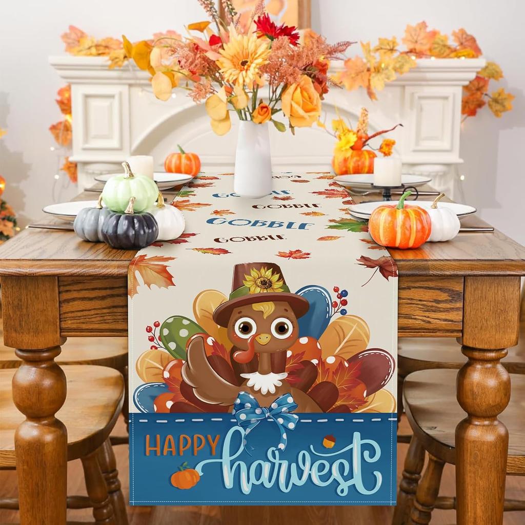 Bonhause Turkey Thanksgiving Table Runner 13x90 Inch Fall Autumn Maple Leaves Gobble Happy Harvest Kitchen Dinning Table Decoration for Indoor