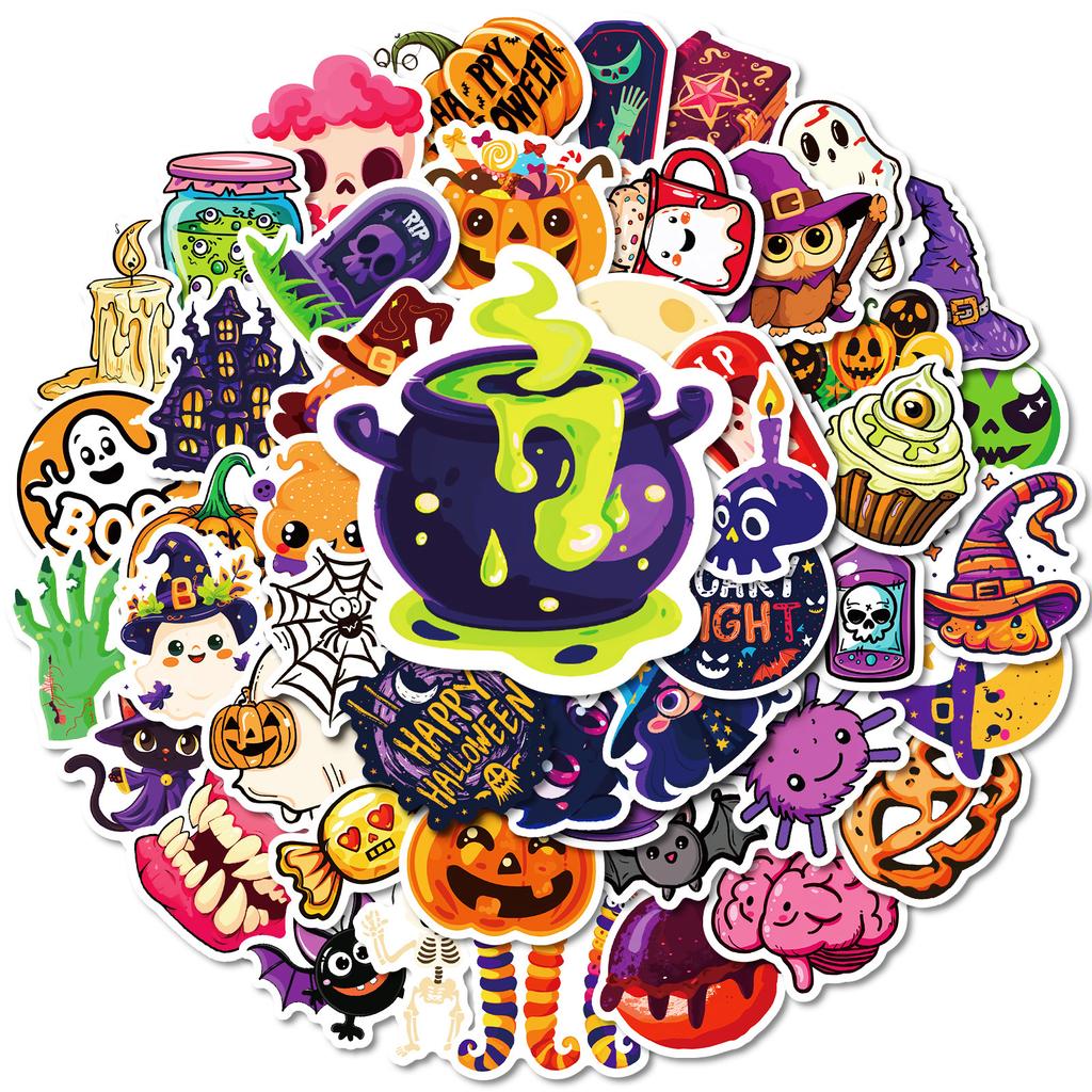50pcs Halloween stickers featuring pumpkins, ghosts, and bats, perfect for waterproof DIY planner decorations gifts for kids