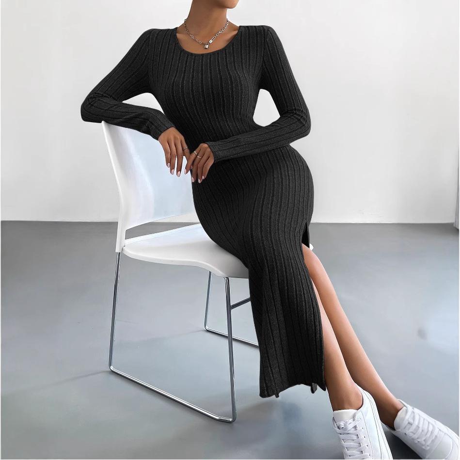 

Womens Light Grey Fitted Knit Long Sleeve Maxi Dress with Round Neck and Side Slit XS чёрный