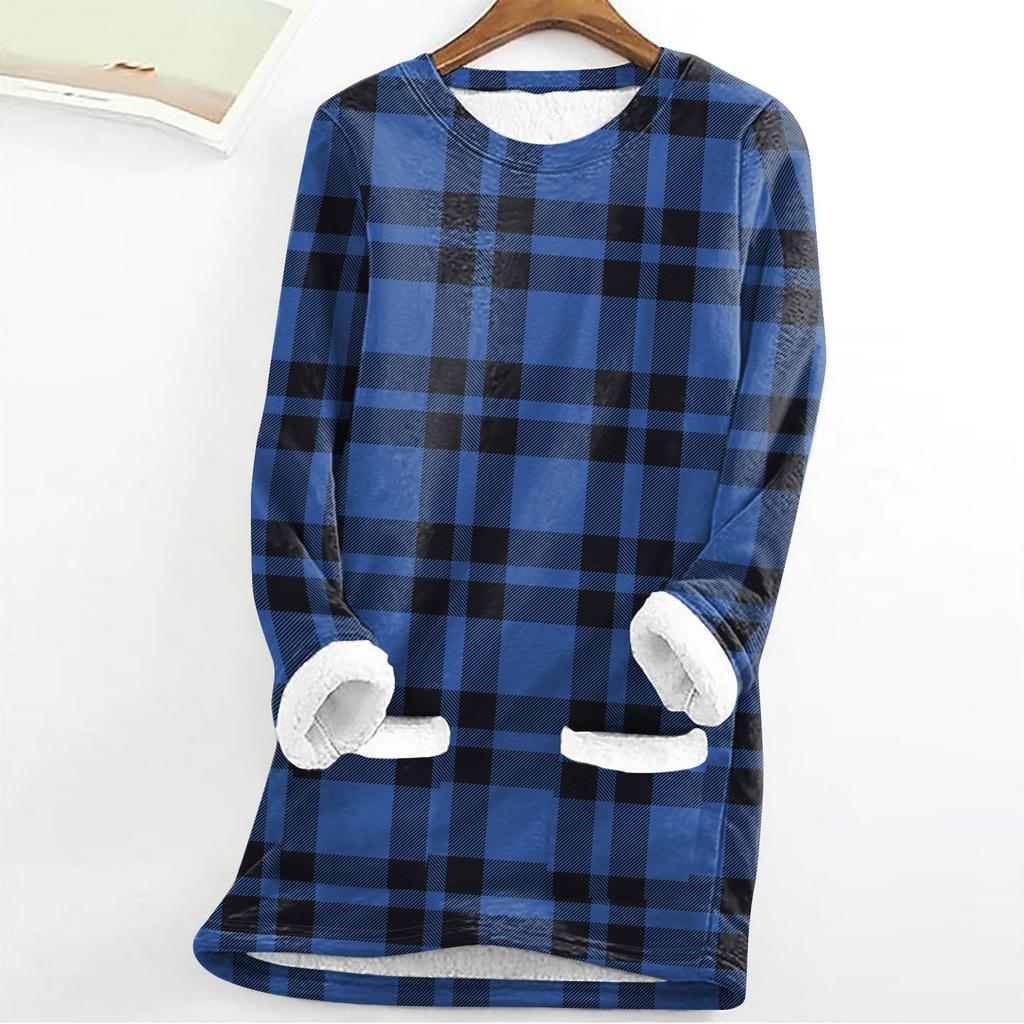Women's Fashion Plaid Print Round Neck Long Sleeve Plush Winter Warm Pullover Top
