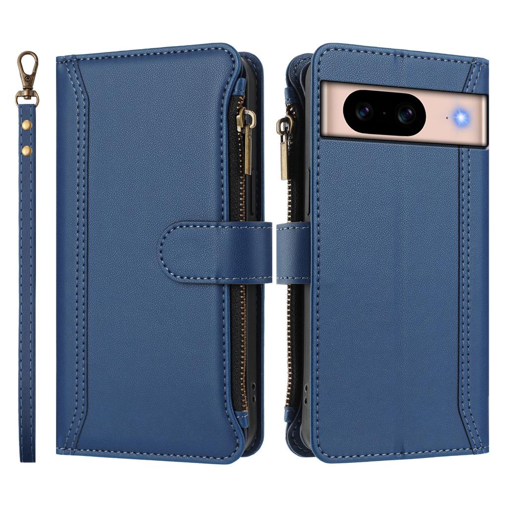 For Google Pixel 8a Leather Case 9 Card Slots Zipper Wallet Stand Phone Cover with Wrist Strap
