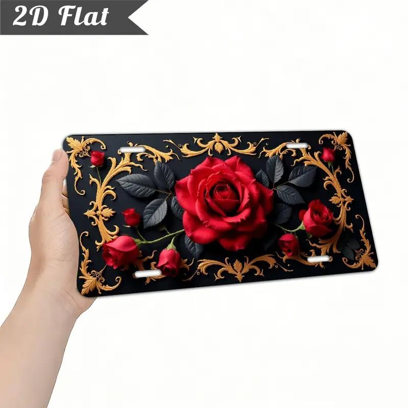 Solely for Decoration- 2D Flat Decorative License Plate Cover And Frame Solely Elegant Rose Floral Aluminum License Plate 6 X 12 Inches Waterproof And