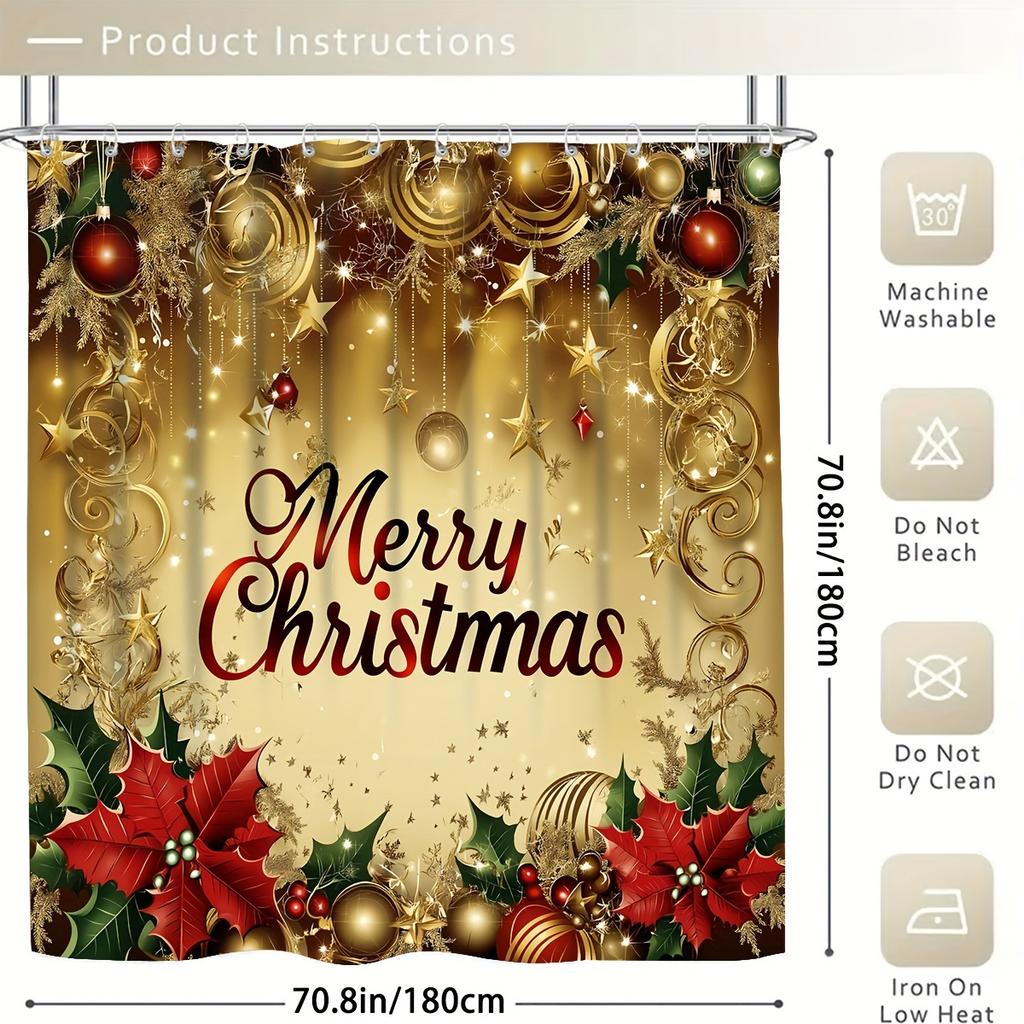 4Pcs Bathroom Shower Curtain Set Winter Christmas Bell Pattern Bathroom Curtain With 12 Hooks Non Slip Rugs Toilet Cover Mat Bathroom Partition