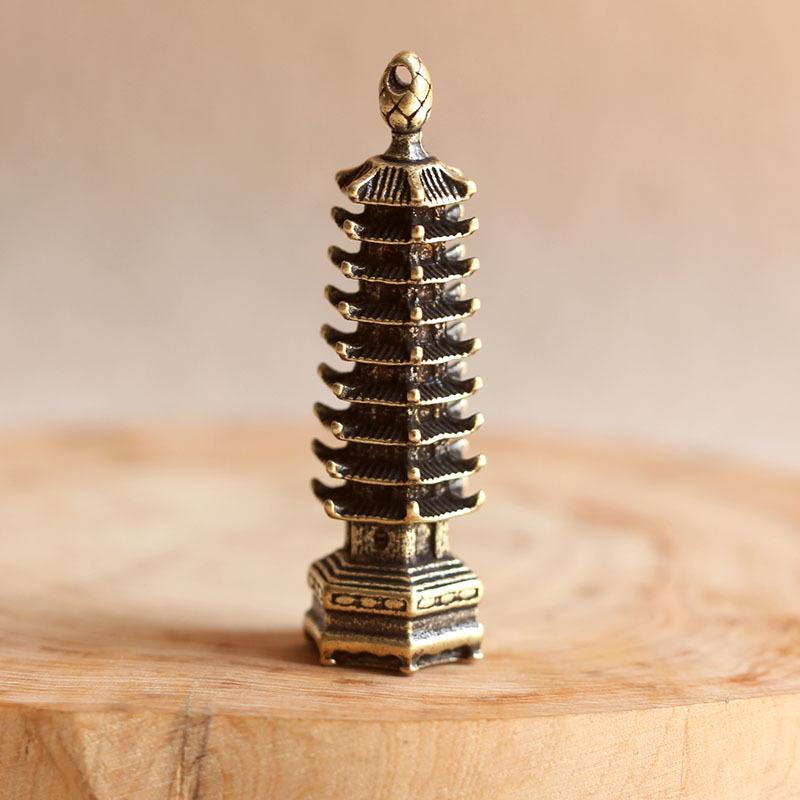 

Retro keychain, alloy, copper plated, handmade, nine layer, thirteen layer, Wenchang Tower, portable pendant, car keychain, pendant