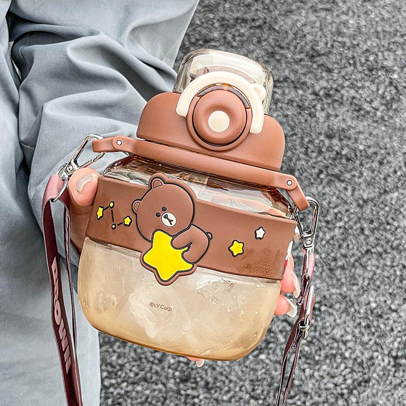 Kawaii Bär Polymer Wasserflasche Für Kinder Lernende Großer Bauch Doppelter Trinkhalmbecher Große Kapazität Schule Auslaufsicher Ket Praktische Nutzung