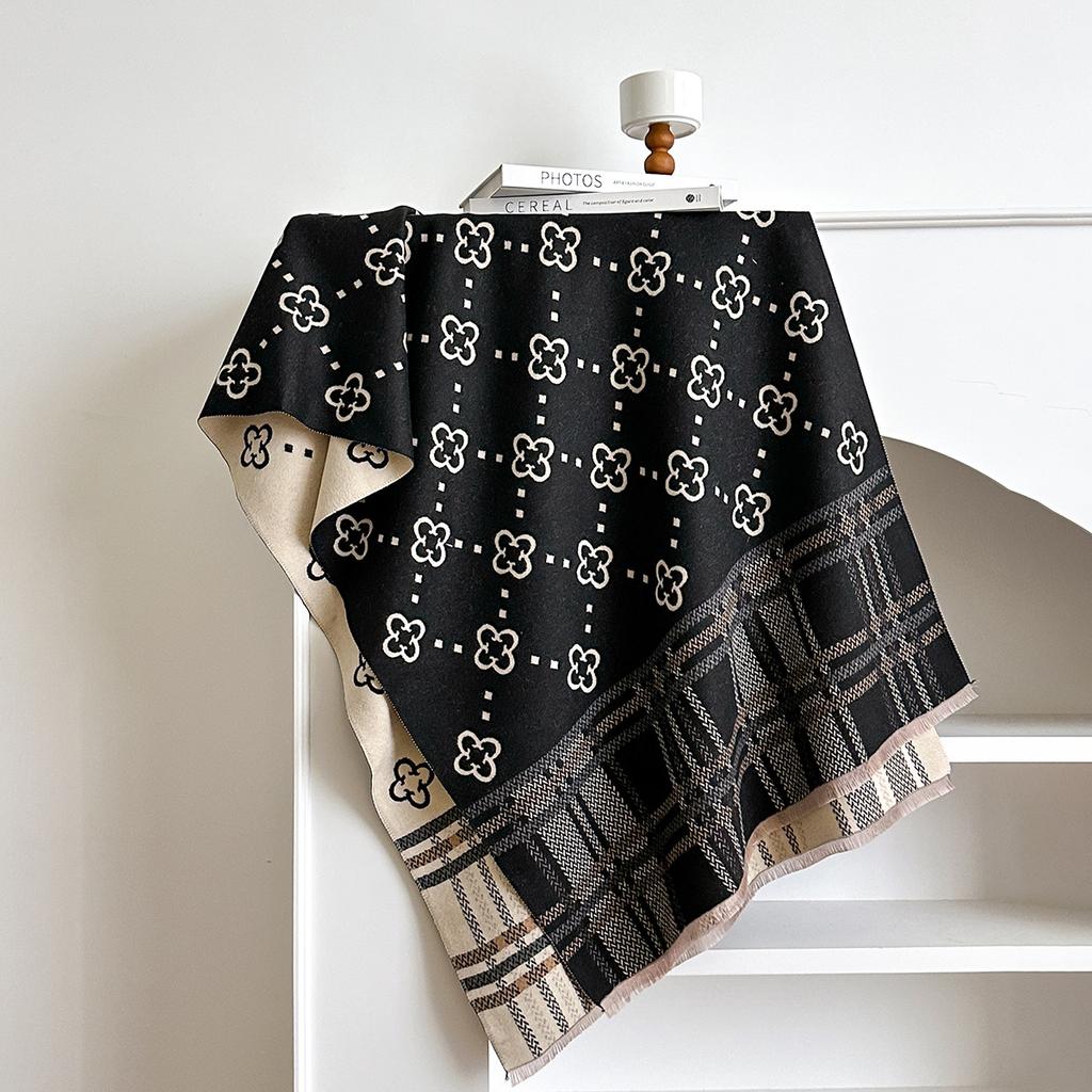 Scarf Women'S Autumn And Winter Versatile Plaid Flower High-End Imitation Cashmere Office Air Conditioner Shawl With A Variety Of Styles