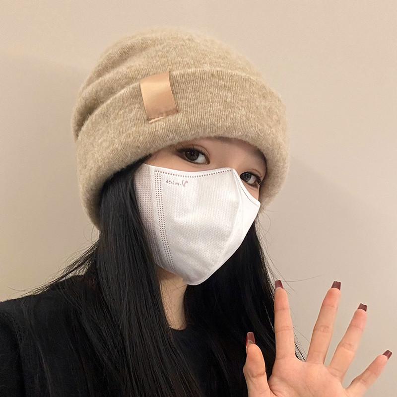 Knitted pile cold hat women's autumn and winter wool blended bald hat warm ear protection versatile face small hat advanced sense