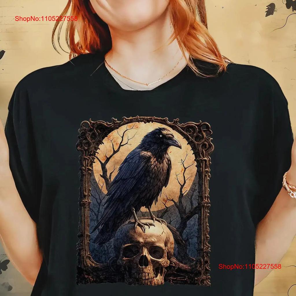 Vintage Gothic Raven T Shirt Crow On Skull Art Dark Academia Spooky Forest Top Boho Witchy Apparel For Goths Vintage